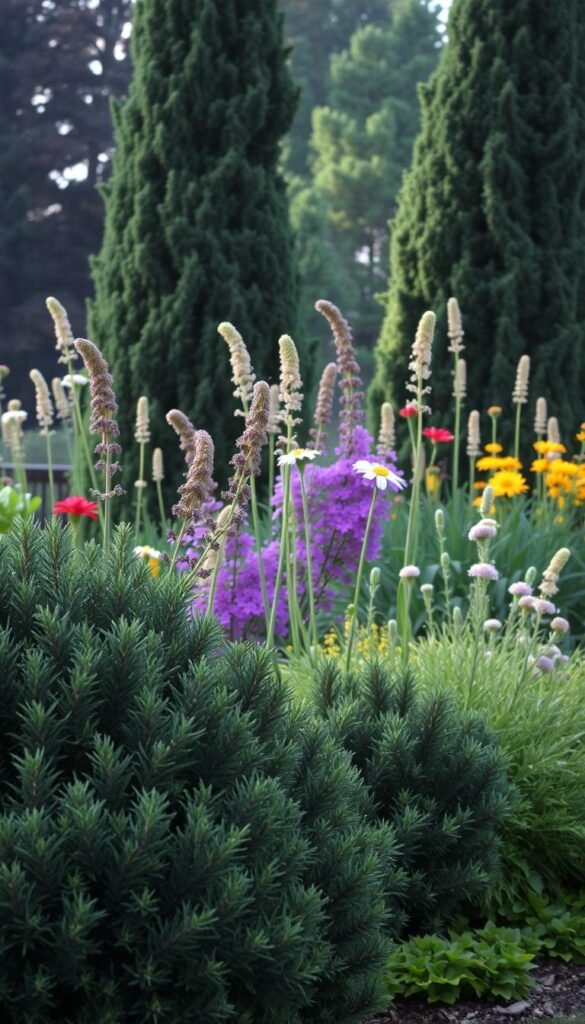 A lush, structured garden border filled with a diverse array of vertical elements. In the foreground, a dense cluster of evergreen shrubs - their dark green foliage and architectural shapes providing a solid foundation. The middle ground features tall, swaying perennials - their vibrant blooms adding pops of color and visual interest. Towering behind them, stately conifer trees reach skyward, their majestic silhouettes casting dramatic shadows across the scene. The lighting is soft and diffused, creating a serene, natural atmosphere. Captured from a slightly elevated angle, the composition emphasizes the depth and layering of the garden's structural elements. An inviting, contemplative setting that showcases the beauty and functionality of using vertical plants to design small garden borders.