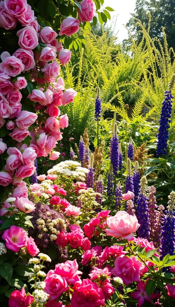 A lush, sun-dappled border overflowing with a vibrant tapestry of textures and bloom times. In the foreground, cascading climbing roses in full, velvety bloom intermingle with the soft, billowing forms of cottage garden favorites like peonies and clematis. The middle ground features a mix of delicate, frothy blooms like feverfew and baby's breath alongside the bold, architectural silhouettes of lupins and foxgloves. In the background, a tapestry of verdant foliage, from the lush, glossy leaves of hostas to the feathery fronds of ferns, creates a verdant, layered backdrop. The scene is illuminated by warm, natural light that filters through the scene, casting a dreamy, romantic glow and accentuating the interplay of textures and colors.