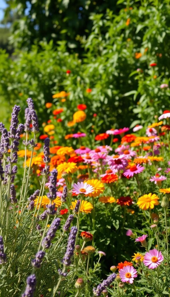 A lush, sun-dappled cottage garden bursting with aromatic herbs and vibrant, bee-friendly flowers. In the foreground, sprays of lavender, rosemary, and thyme sway gently in a light breeze, their scents mingling. In the middle ground, a profusion of colorful blooms - cosmos, marigolds, and zinnias - attract a flurry of industrious pollinators. In the background, a verdant tangle of foliage frames the scene, creating a sense of abundance and natural harmony. Soft, warm lighting bathes the composition, evoking the tranquil charm of an English country garden. Captured with a wide-angle lens to showcase the scene's depth and lushness.