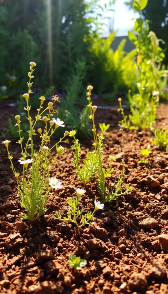 A lush, sun-dappled garden bed, the soil rich and loamy, gently illuminated by warm, golden sunshine filtering through verdant foliage. In the foreground, delicate wildflowers and herbs sway in a gentle breeze, their vibrant hues complementing the earthy tones of the exposed soil. Deeper into the scene, a mix of native and drought-tolerant plants thrive, their varied textures and shapes creating a harmonious, natural composition. The overall mood is one of tranquility and abundance, inviting the viewer to closely examine the interplay of light, soil, and plant life that defines a thriving, water-wise garden.