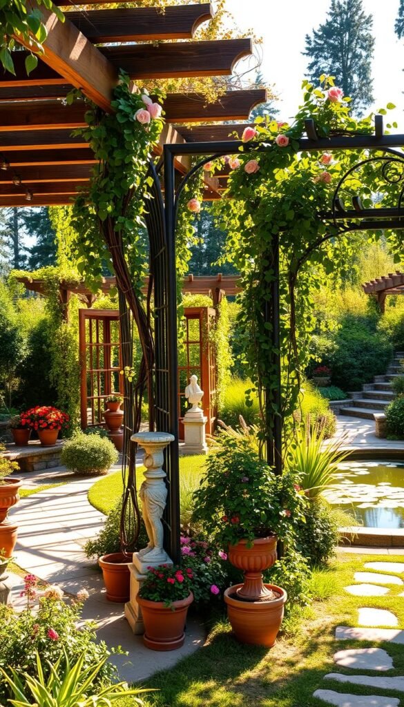 A lush, sun-dappled garden featuring an elegant wood and iron pergola entwined with cascading vines, a rustic arbor adorned with climbing roses, and an intricate trellis system supporting a flourishing clematis vine. The foreground showcases a variety of potted plants and garden statuary, while the middle ground highlights the architectural structures in warm, golden light. In the background, a serene pond reflects the surrounding greenery and a tranquil stone pathway leads visitors through the enchanting scene. The overall composition evokes a sense of timeless charm and harmonious integration of nature and human-crafted elements. A lush, sun-dappled garden featuring an elegant wood and iron pergola entwined with cascading vines, a rustic arbor adorned with climbing roses, and an intricate trellis system supporting a flourishing clematis vine. The foreground showcases a variety of potted plants and garden statuary, while the middle ground highlights the architectural structures in warm, golden light. In the background, a serene pond reflects the surrounding greenery and a tranquil stone pathway leads visitors through the enchanting scene. The overall composition evokes a sense of timeless charm and harmonious integration of nature and human-crafted elements.