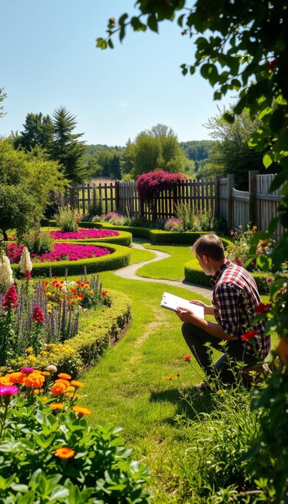 A lush, sun-dappled garden, its verdant foliage and blooming flora inviting closer inspection. In the foreground, a gardener kneels, clipboard in hand, meticulously surveying the layout and growth patterns, assessing the land's potential. The middle ground showcases a tapestry of vibrant colors - beds of colorful perennials, neatly trimmed hedges, and a winding path leading deeper into the scene. In the background, a rustic wooden fence frames the garden, hinting at the property's boundaries and the surrounding landscape beyond. The overall mood is one of contemplation and possibility, as the gardener ponders how to transform this space into a personalized oasis that reflects their unique style and vision. A lush, sun-dappled garden, its verdant foliage and blooming flora inviting closer inspection. In the foreground, a gardener kneels, clipboard in hand, meticulously surveying the layout and growth patterns, assessing the land's potential. The middle ground showcases a tapestry of vibrant colors - beds of colorful perennials, neatly trimmed hedges, and a winding path leading deeper into the scene. In the background, a rustic wooden fence frames the garden, hinting at the property's boundaries and the surrounding landscape beyond. The overall mood is one of contemplation and possibility, as the gardener ponders how to transform this space into a personalized oasis that reflects their unique style and vision.
