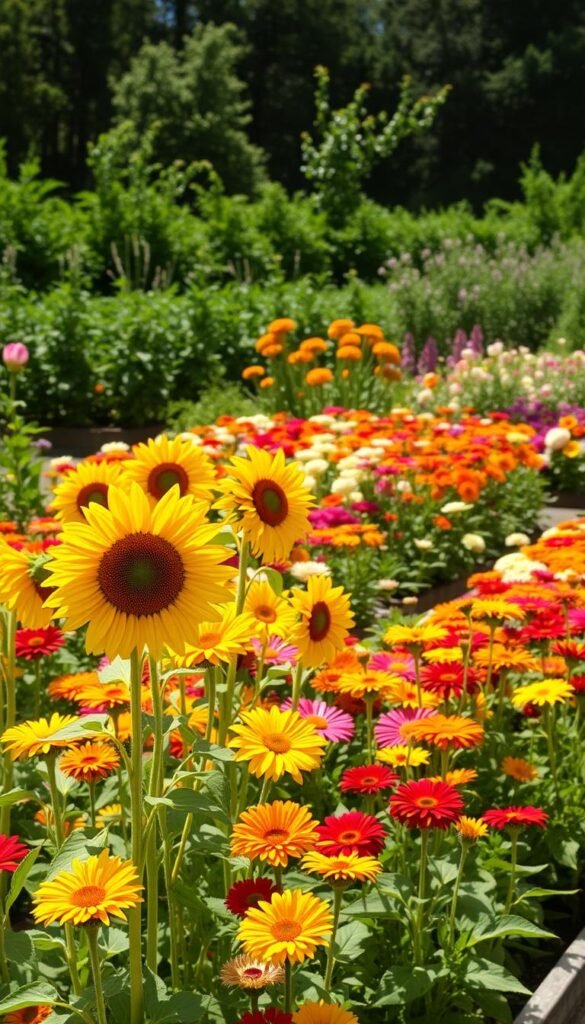 A lush, sun-dappled garden layout featuring raised flower beds, brimming with a vibrant array of cut-flower blooms. In the foreground, rows of tall, elegant sunflowers sway gently in the breeze, their golden petals catching the warm light. Surrounding them, a tapestry of cheerful zinnias, cosmos, and dahlias in a rainbow of hues. In the middle ground, neat rows of fragrant, long-stemmed roses and peonies, their luxurious blooms awaiting harvest. In the background, a verdant backdrop of leafy shrubs and trees, providing a natural, serene setting. The overall scene exudes a sense of abundance, color, and careful design, perfectly suited for the bouquet-ready cut flower garden.