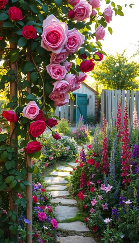 A lush, sun-dappled garden scene. In the foreground, a tangle of climbing roses cascades over a rustic trellis, their velvety petals in shades of deep red and soft pink. Nestled among the rose canes, companion plants like lavender, catmint, and thyme add pops of color and texture. The middle ground reveals a meandering stone path, flanked by overflowing beds of cottage garden favorites - delphinium, foxglove, and hollyhock. In the background, a weathered wooden fence frames the scene, creating a sense of enclosure and tranquility. Warm, golden light filters through the leaves, casting a gentle glow over the entire composition. Capture the essence of a quintessential English country garden.