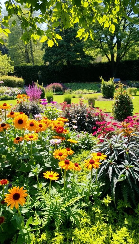 A lush, sun-dappled garden showcasing a vibrant array of sun-loving plants and their shade-tolerant companions. In the foreground, a colorful mix of flowering perennials like sunflowers, marigolds, and zinnias bask in the warm rays. Beneath their towering stems, a carpet of low-growing, shade-tolerant ground covers like Irish moss and ferns thrive in the filtered light. In the middle ground, a mix of ornamental shrubs and small trees - such as Japanese maples and camellias - provide a natural canopy, casting gentle shadows across the scene. The background features a verdant, layered landscape with taller trees creating dappled shade, establishing a serene, harmonious balance between sun and shade. Soft, diffused lighting and a slight depth of field enhance the tranquil, inviting atmosphere.