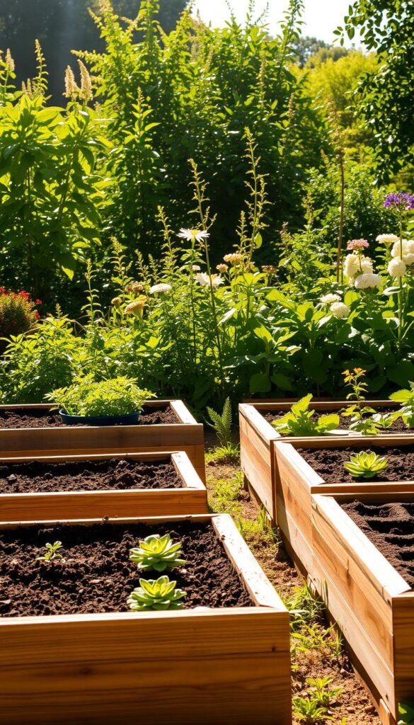 A lush, sun-dappled garden with a series of neatly constructed raised garden beds in the foreground. The beds are made of natural, weathered wood planks, their edges softened by time. Soil-filled trays sit atop the beds, ready to be planted with a variety of vibrant, flourishing vegetables and herbs. In the middle ground, a verdant backdrop of leafy green plants and blooming flowers adds depth and texture. Warm, golden sunlight filters through the scene, casting a gentle glow and creating long, soft shadows. The overall atmosphere is one of tranquility, productivity, and the joyful simplicity of homegrown gardening.