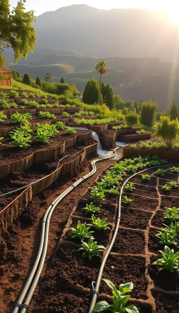 A lush, terraced garden cascading down a gentle slope, with a meticulously designed irrigation system that blends seamlessly into the landscape. The foreground features a series of raised garden beds, their soil brimming with vibrant, healthy plants. A network of discreet, slender pipes weaves through the beds, delivering water efficiently to the roots. In the middle ground, a subtle waterfall feature adds a soothing ambiance, its gentle flow complementing the verdant surroundings. The background showcases a picturesque backdrop of rolling hills, with the warm glow of the sun casting a natural, inviting light across the entire scene. The overall composition exudes a sense of harmony, functionality, and a deep appreciation for the beauty of a well-maintained, sustainable slope garden.