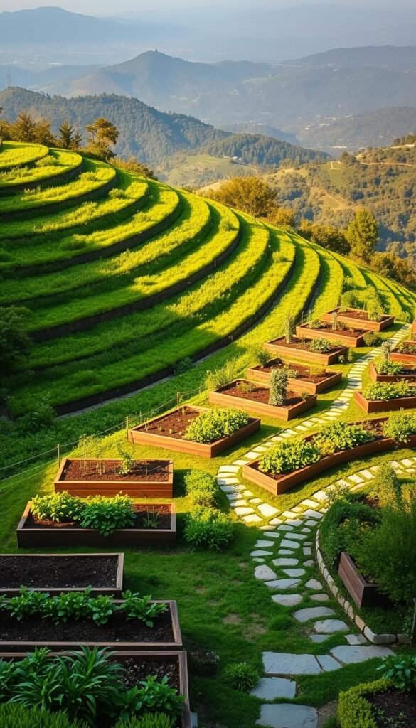 A lush, terraced garden cascading down a verdant slope, bathed in warm, golden sunlight. Neatly arranged raised garden beds line the tiered levels, their rich, earthy tones contrasting beautifully with the vibrant greenery. Winding stone pathways meander through the tranquil oasis, inviting exploration. In the distance, a backdrop of rolling hills and a hazy blue sky create a serene, pastoral scene. The overall composition exudes a sense of harmony and natural balance, reflecting the ingenious terraced design that allows for effortless cultivation on challenging terrain.