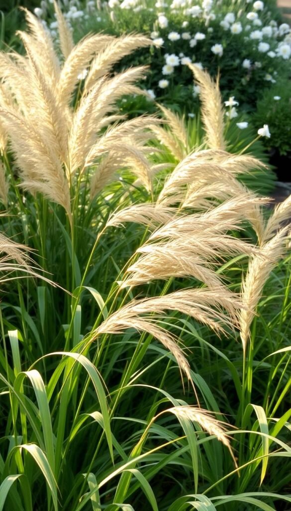 A lush, textural garden scene with ornamental grasses swaying in the gentle breeze. In the foreground, delicate wispy blades in shades of green and gold sway gracefully, catching the warm, softly diffused light. The middle ground features a mix of larger clumping grasses, their feathery plumes adding movement and depth. In the background, a border of cottage-style blooms, their delicate petals contrasting with the grasses' structured forms. The overall atmosphere is one of airy, romantic tranquility, inviting the viewer to feel the calming rhythm of the swaying foliage.