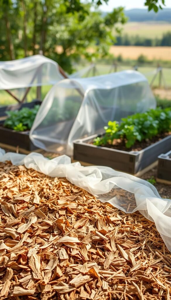 A lush, textured arrangement of garden cover materials in a well-lit, natural setting. In the foreground, a variety of organic mulches like wood chips, leaves, and straw are neatly layered, their warm tones and irregular textures creating visual interest. In the middle ground, different types of horticultural fabrics, row covers, and shade cloths are draped over raised garden beds, their lightweight, translucent materials allowing just the right amount of light and airflow to reach the plants below. In the background, a soft, out-of-focus landscape suggests a peaceful, bucolic scene, the overall atmosphere conveying a sense of thoughtful, effective garden protection.