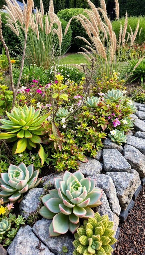 A lush, textured garden border, with a mix of rough stone edging, vibrant foliage, and delicate flowering plants. The foreground features an array of succulents, their fleshy leaves catching the soft, warm light. In the middle ground, cascading vines and perennials spill over the stone border, creating a harmonious blend of contrasting textures. The background showcases a tapestry of tall grasses and shrubs, adding depth and a sense of tranquility to the scene. The overall composition evokes a serene, natural atmosphere, inviting the viewer to explore the interplay of textures and the harmonious coexistence of different garden elements.