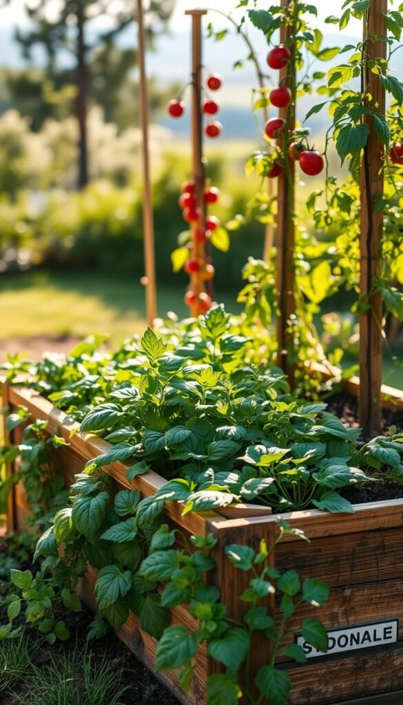 A lush, thriving raised garden bed nestled in a sunlit backyard. The wooden frame is adorned with vibrant, well-tended plants, their leaves rustling in a gentle breeze. In the foreground, a variety of leafy greens and herbs cascade over the sides, their verdant hues contrasting with the rich, dark soil. In the middle ground, tomato vines climb tall stakes, their juicy red fruits peeking out. The background is a serene, blurred landscape, hinting at the expansive possibilities of this productive, space-efficient gardening solution. The overall scene exudes a sense of abundance, harmony, and the joy of growing one's own food. Soft, warm lighting illuminates the scene, capturing the essence of a bountiful, low-maintenance raised bed garden. A lush, thriving raised garden bed nestled in a sunlit backyard. The wooden frame is adorned with vibrant, well-tended plants, their leaves rustling in a gentle breeze. In the foreground, a variety of leafy greens and herbs cascade over the sides, their verdant hues contrasting with the rich, dark soil. In the middle ground, tomato vines climb tall stakes, their juicy red fruits peeking out. The background is a serene, blurred landscape, hinting at the expansive possibilities of this productive, space-efficient gardening solution. The overall scene exudes a sense of abundance, harmony, and the joy of growing one's own food. Soft, warm lighting illuminates the scene, capturing the essence of a bountiful, low-maintenance raised bed garden.