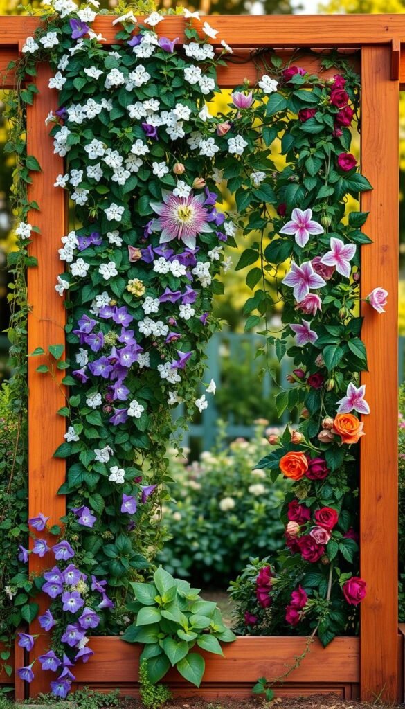 A lush, thriving trellis design featuring a variety of climbing plants cascading gracefully against a warm, weathered wooden frame. The foreground showcases delicate tendrils of ivy, jasmine, and morning glories weaving an intricate tapestry of foliage and blooms in vibrant shades of green, white, and violet. In the middle ground, a clematis vine unfurls its large, regal flowers, while passionflowers and climbing roses add pops of color and texture. The background features a blurred, sun-dappled garden setting, with soft, diffused lighting creating a serene, natural ambiance. The overall composition conveys a sense of abundant, harmonious growth, evoking a captivating and functional visual accent for a raised garden bed.