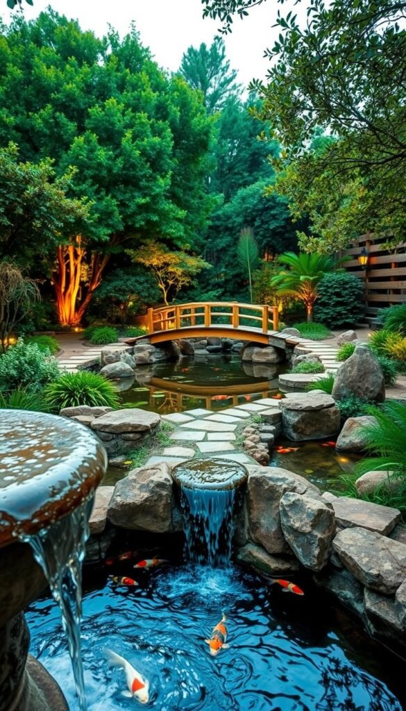 A lush, tranquil garden oasis with a serene water feature as the centerpiece. The foreground showcases a bubbling stone fountain, its gentle flow cascading over a natural rock formation. In the middle ground, a wooden bridge spans a koi-filled pond, surrounded by carefully curated hardscape elements like flagstone pathways and decorative boulders. The background is framed by a verdant canopy of trees and shrubs, creating a sense of privacy and seclusion. Warm, diffused lighting casts a soft, inviting glow, evoking a calming, meditative atmosphere. Captured through a wide-angle lens to showcase the harmonious integration of water and hardscape, creating a visually striking and harmonious garden design. A lush, tranquil garden oasis with a serene water feature as the centerpiece. The foreground showcases a bubbling stone fountain, its gentle flow cascading over a natural rock formation. In the middle ground, a wooden bridge spans a koi-filled pond, surrounded by carefully curated hardscape elements like flagstone pathways and decorative boulders. The background is framed by a verdant canopy of trees and shrubs, creating a sense of privacy and seclusion. Warm, diffused lighting casts a soft, inviting glow, evoking a calming, meditative atmosphere. Captured through a wide-angle lens to showcase the harmonious integration of water and hardscape, creating a visually striking and harmonious garden design.