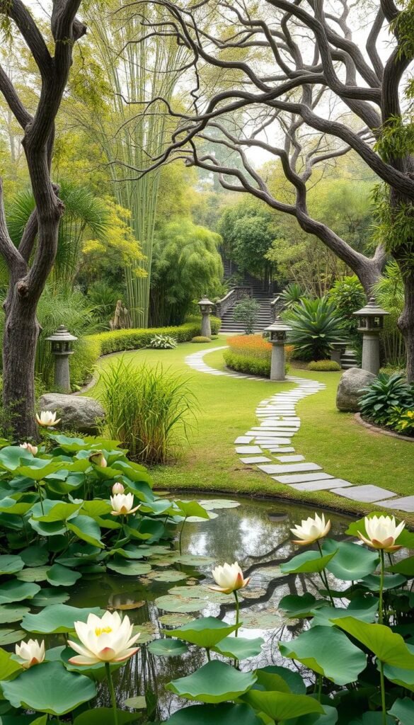 A lush, tranquil garden overflows with the harmonious flow of chi energy. In the foreground, a serene pond reflects the verdant foliage and gentle blooms of lotus flowers. Meandering pathways lead the eye through the middle ground, where bamboo groves and stone lanterns create a sense of balance and unity. The background frames the scene with ancient, weathered trees whose branches seem to channel the invisible forces of nature. Soft, diffused lighting bathes the entire landscape in a warm, calming glow, evoking a profound sense of zen-like harmony. The garden feels alive with the rhythmic pulse of qi, inviting the viewer to pause, breathe, and connect with the timeless wisdom of Feng Shui.