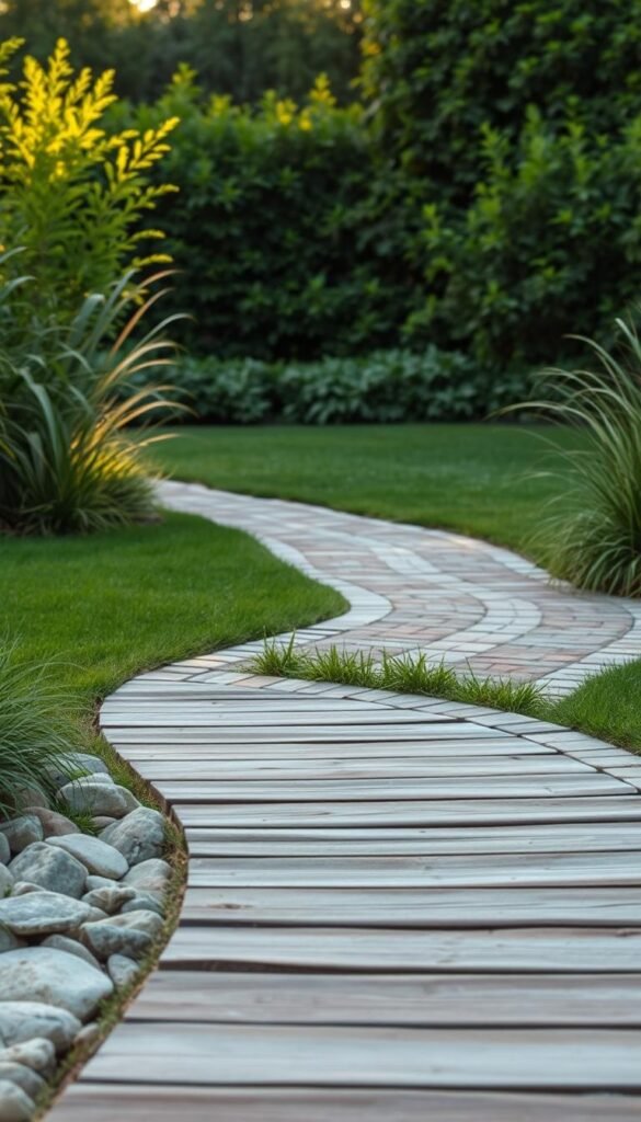 A lush, tranquil garden setting with a winding, well-manicured walkway. The foreground showcases an array of natural materials - smooth river stones, weathered wood planks, and neatly laid brick pavers. The middle ground features a seamless transition from the walkway to the surrounding verdant lawn, accented by gently sloping edges and soft, wispy grasses. Warm, natural lighting filters through the scene, casting a serene ambiance. The background is composed of vibrant, lush foliage, creating a sense of privacy and enclosure. The overall composition conveys a harmonious, inviting atmosphere, highlighting the beauty and functionality of the carefully selected walkway materials. A lush, tranquil garden setting with a winding, well-manicured walkway. The foreground showcases an array of natural materials - smooth river stones, weathered wood planks, and neatly laid brick pavers. The middle ground features a seamless transition from the walkway to the surrounding verdant lawn, accented by gently sloping edges and soft, wispy grasses. Warm, natural lighting filters through the scene, casting a serene ambiance. The background is composed of vibrant, lush foliage, creating a sense of privacy and enclosure. The overall composition conveys a harmonious, inviting atmosphere, highlighting the beauty and functionality of the carefully selected walkway materials.