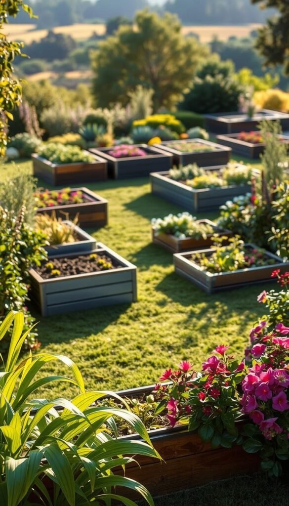 A lush, tranquil garden with a raised bed design showcasing diverse textures and colors. In the foreground, a beautifully crafted raised bed with a mix of metal and wood materials, framed by flowing foliage and vibrant blooms. The middle ground features a variety of garden beds, each with a distinct style - linear, raised, and cascading - highlighting the versatility of this gardening solution. The background is a serene landscape, with a soft, warm lighting that casts gentle shadows, creating a welcoming and inviting atmosphere. The overall composition emphasizes the harmony between form, function, and natural beauty, perfectly capturing the essence of "Design and Functionality in Raised Garden Beds".