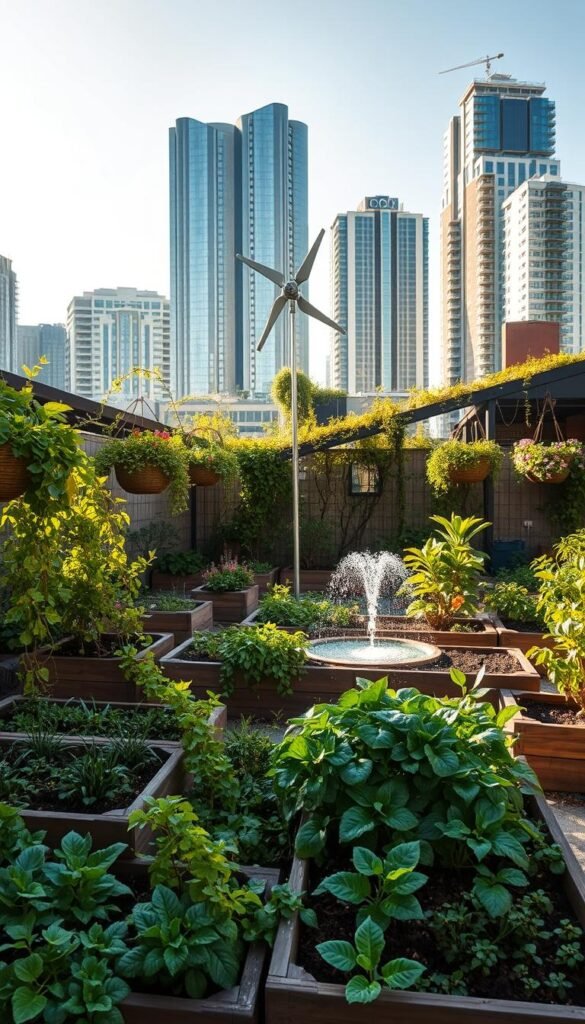 A lush urban garden, bathed in warm sunlight, showcases a harmonious integration of renewable energy systems. In the foreground, a series of neatly arranged raised garden beds, brimming with vibrant vegetables and herbs, are complemented by sleek solar panels mounted on the rooftops above. Trailing vines and verdant foliage cascade from hanging baskets, creating a verdant, inviting atmosphere. In the middle ground, a compact wind turbine spins gently, harnessing the breeze to power a small water feature that bubbles and glistens. The background is framed by towering buildings, their facades adorned with greenery, suggesting a seamless blend of modern architecture and sustainable living. The scene exudes a sense of balance and innovation, highlighting the possibilities of renewable energy in the urban landscape. A lush urban garden, bathed in warm sunlight, showcases a harmonious integration of renewable energy systems. In the foreground, a series of neatly arranged raised garden beds, brimming with vibrant vegetables and herbs, are complemented by sleek solar panels mounted on the rooftops above. Trailing vines and verdant foliage cascade from hanging baskets, creating a verdant, inviting atmosphere. In the middle ground, a compact wind turbine spins gently, harnessing the breeze to power a small water feature that bubbles and glistens. The background is framed by towering buildings, their facades adorned with greenery, suggesting a seamless blend of modern architecture and sustainable living. The scene exudes a sense of balance and innovation, highlighting the possibilities of renewable energy in the urban landscape.