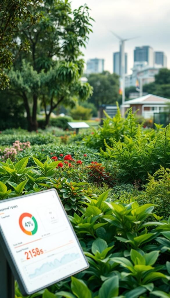 A lush, verdant IoT-powered landscape, where intelligent sensors and AI-driven systems seamlessly orchestrate the optimal irrigation, lighting, and plant health monitoring. In the foreground, a sleek control panel displays real-time analytics and customizable automation settings. The middle ground features a variety of thriving, diverse flora, their growth and care harmoniously managed by the interconnected IoT network. In the background, a futuristic skyline of smart homes and buildings hints at the broader integration of this intelligent landscape management system. Soft, diffused lighting casts a warm, serene atmosphere over the scene, showcasing the synergy between nature and cutting-edge technology. A lush, verdant IoT-powered landscape, where intelligent sensors and AI-driven systems seamlessly orchestrate the optimal irrigation, lighting, and plant health monitoring. In the foreground, a sleek control panel displays real-time analytics and customizable automation settings. The middle ground features a variety of thriving, diverse flora, their growth and care harmoniously managed by the interconnected IoT network. In the background, a futuristic skyline of smart homes and buildings hints at the broader integration of this intelligent landscape management system. Soft, diffused lighting casts a warm, serene atmosphere over the scene, showcasing the synergy between nature and cutting-edge technology.