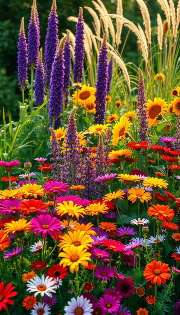 A lush, verdant garden bed showcasing a harmonious blend of vibrant annuals. In the foreground, a tapestry of colorful blooms - zinnias, marigolds, and cosmos - dance in the gentle breeze. The middle ground features towering spikes of purple salvia and cheerful yellow sunflowers, creating a captivating visual rhythm. In the background, soft, wispy grasses and trailing vines frame the scene, adding depth and a sense of natural abundance. The lighting is warm and golden, casting a dreamlike glow over the entire composition. Captured with a wide-angle lens, the image conveys a sense of immersion, inviting the viewer to step into this enchanting mixed border.