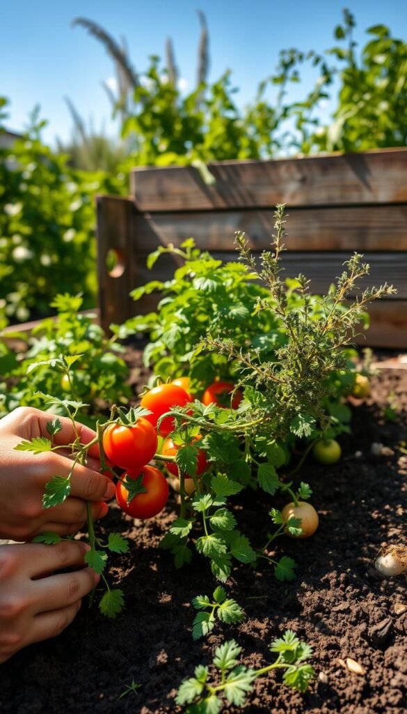 A lush, verdant garden bed under a warm afternoon sun. In the foreground, hands carefully tending to the soil, planting seedlings of vibrant tomatoes, bell peppers, and onions. The middle ground showcases bunches of fragrant cilantro and sprigs of oregano, their green leaves gently swaying. In the background, a rustic wooden raised planter box frames the scene, its weathered boards contrasting with the vibrant hues of the growing plants. A sense of serene productivity pervades the image, inviting the viewer to imagine the flavorful salsa that will soon be harvested from this well-tended plot.