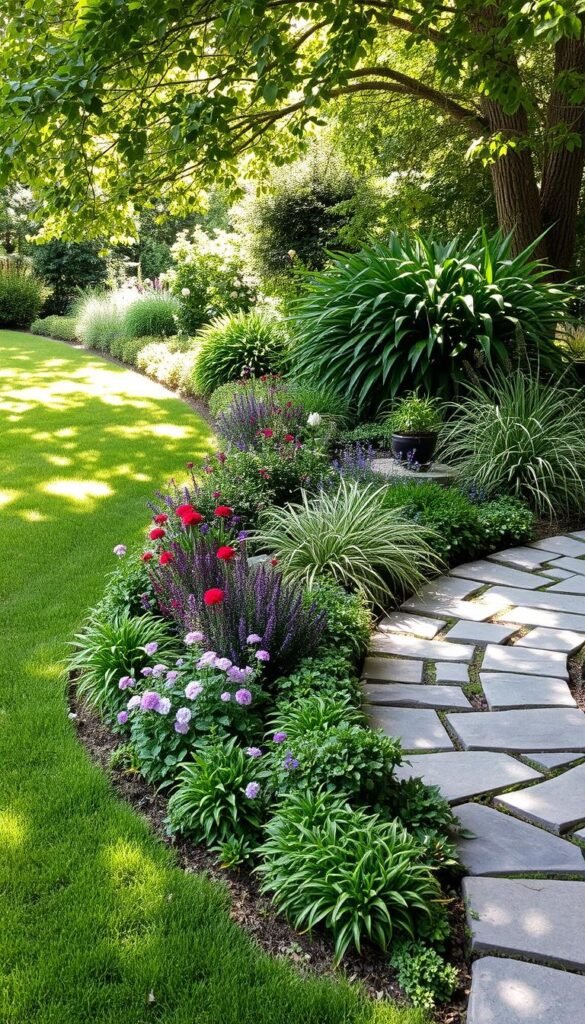 A lush, verdant garden border seamlessly integrates with a winding stone pathway, creating a harmonious transition between lawn and walkway. Vibrant perennials, cascading vines, and ornamental grasses line the edge, their organic forms and textures softening the hard edges of the path. Dappled sunlight filters through the canopy above, casting a warm, natural glow over the scene. The composition is balanced, with a sense of depth and movement, drawing the viewer's eye through the inviting, naturalistic landscape. A perfect example of how thoughtful garden design can blend the manmade and the wild into a cohesive, visually pleasing whole. A lush, verdant garden border seamlessly integrates with a winding stone pathway, creating a harmonious transition between lawn and walkway. Vibrant perennials, cascading vines, and ornamental grasses line the edge, their organic forms and textures softening the hard edges of the path. Dappled sunlight filters through the canopy above, casting a warm, natural glow over the scene. The composition is balanced, with a sense of depth and movement, drawing the viewer's eye through the inviting, naturalistic landscape. A perfect example of how thoughtful garden design can blend the manmade and the wild into a cohesive, visually pleasing whole.