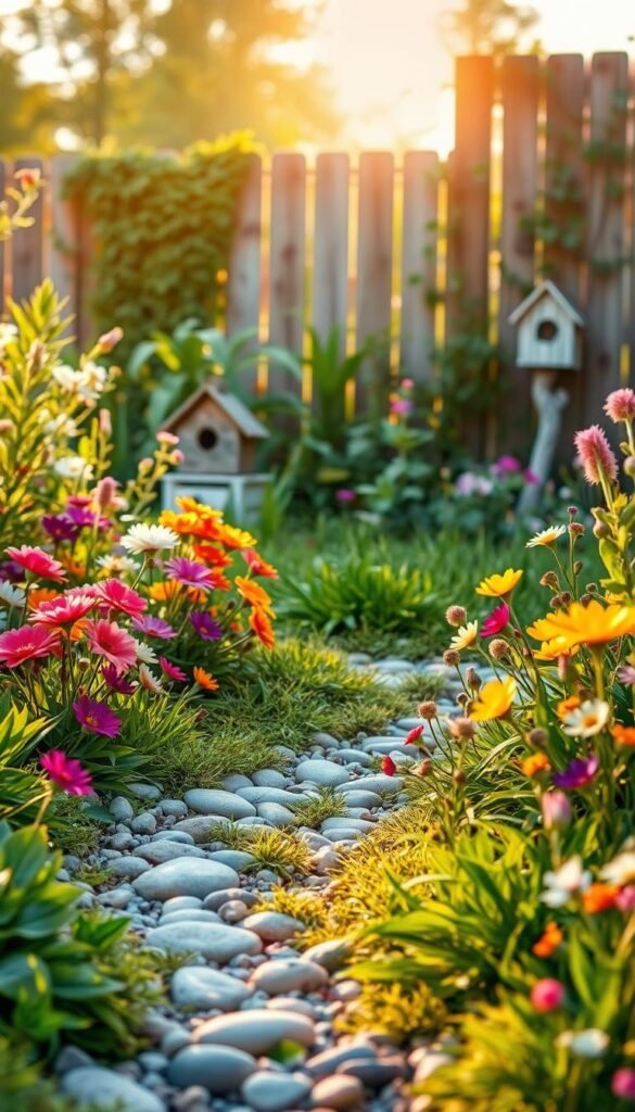 A lush, verdant garden filled with vibrant flowers, whimsical ornaments, and personal touches. In the foreground, a path of smooth pebbles winds through the verdant landscape, inviting exploration. Delicate blooms in a kaleidoscope of colors dot the scene, their petals gently swaying in a soft, warm breeze. In the middle ground, a charming birdhouse and a handcrafted garden sculpture add unique, personalized elements, reflecting the owner's creativity and individuality. The background features a wooden fence adorned with cascading vines and a glimpse of a tranquil, sun-dappled sky, creating a serene, inviting atmosphere. Soft, warm lighting casts a golden glow over the entire scene, capturing the essence of a personalized, DIY garden oasis.