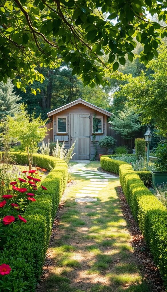 A lush, verdant garden path winds through a serene, budget-friendly landscape. In the foreground, vibrant flowers and neatly trimmed hedges frame the inviting walkway. Sunlight filters through the canopy of trees overhead, casting a warm, natural glow. The middle ground features a charming garden shed, its weathered wood and rustic charm complementing the earthy tones. In the distance, a whimsical birdhouse and a well-tended vegetable patch suggest the joys of sustainable, cost-conscious gardening. The overall atmosphere is one of tranquility, simplicity, and the satisfaction of creating a beautiful outdoor oasis on a budget.