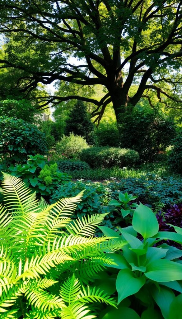 A lush, verdant garden scene showcasing various types of shade. In the foreground, a soft, diffused light filters through the delicate fronds of ferns and the broad, glossy leaves of hostas. In the middle ground, a mix of shrubs and perennials create a layered tapestry of textures, with dappled shadows playing across the ground. In the background, a towering tree canopy casts a gentle, enveloping shade, its branches reaching out like outstretched arms. The overall mood is one of tranquility and calm, inviting the viewer to explore the diverse ways plants can thrive in the varying levels of light and shadow found in a small garden border.
