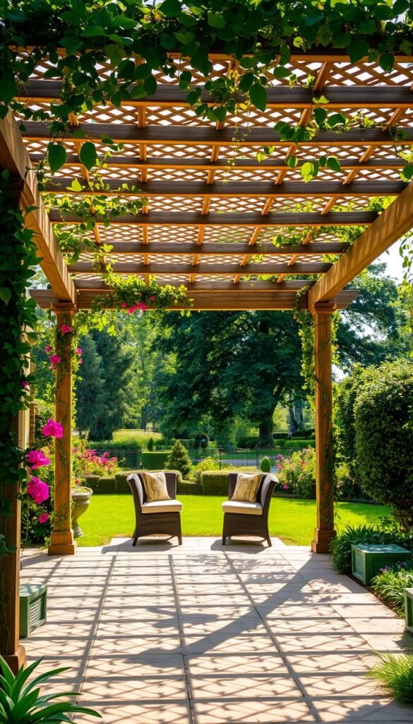 A lush, verdant garden setting with a stunning pergola structure in the foreground. The pergola features intricate latticework casting delicate patterns of light and shadow across the paved patio below. Trailing vines and vibrant flowering plants adorn the structure, creating a serene and inviting ambiance. In the middle ground, a cozy seating area is nestled beneath the pergola's shade, inviting relaxation and outdoor enjoyment. The background showcases a well-manicured landscape with towering trees, lush foliage, and a sense of tranquility. The overall scene is bathed in warm, natural lighting, creating a captivating visual appeal and a harmonious integration of the architectural element with the surrounding natural elements.
