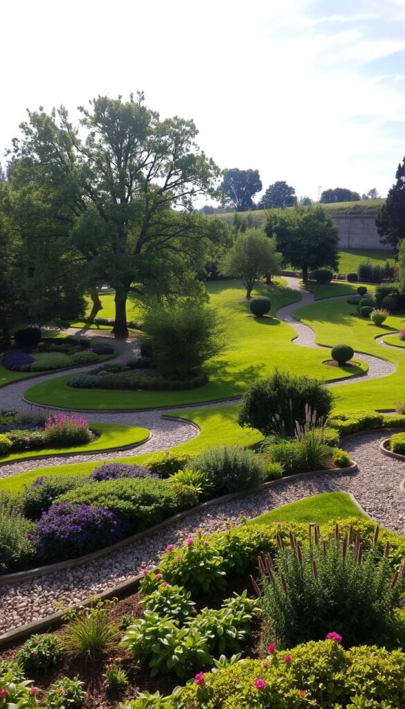 A lush, verdant garden terrain with gently rolling hills and well-established trees, captured in a mid-morning light. In the foreground, a network of winding garden paths with pebbled textures winding through a mix of vibrant perennials and neatly trimmed shrubs. The middle ground showcases the mature trees, their branches casting soft, dappled shadows across the ground. In the background, a subtle slope leads the eye upwards, revealing a serene sky with wispy clouds. The overall atmosphere evokes a sense of tranquility and harmony, inviting the viewer to assess the natural elements and consider how they might integrate into a cohesive garden design.