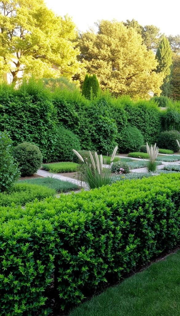 A lush, verdant garden with strategically placed shrubs, trees, and vines creating a natural privacy screen. The foreground features a variety of evergreen hedges, their dense foliage forming a solid barrier. The middle ground showcases a mix of flowering plants and taller ornamental grasses, adding depth and texture. In the background, a row of mature deciduous trees casts gentle shadows, their canopies filtering the warm, golden sunlight. The overall scene conveys a sense of serene seclusion, where one can escape and immerse themselves in the beauty of the natural world. Captured with a wide-angle lens to emphasize the depth and scale of the carefully curated landscape.