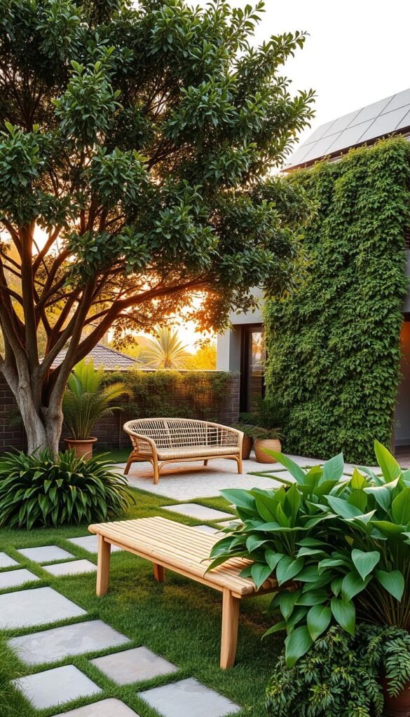 A lush, verdant outdoor scene showcasing a range of eco-friendly materials. In the foreground, a smooth bamboo bench sits atop a natural stone pathway, surrounded by flourishing potted plants. The middle ground features a woven rattan lounger nestled under the dappled shade of a mature tree, its branches swaying gently in a soft breeze. In the background, a living green wall cascades down the facade of a modern, sustainable home, its sleek solar panels gleaming in the warm, golden light of the setting sun. The overall atmosphere is one of tranquility, harmony, and a deep connection to the natural world.