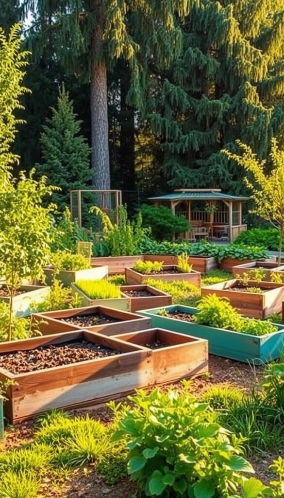 A lush, verdant outdoor scene with a collection of vibrant DIY raised garden beds taking center stage. The beds, crafted from weathered wood and reclaimed materials, are arranged in a visually striking semicircular layout, nestled amid flourishing greenery and a backdrop of towering trees. Warm, natural lighting casts a soft, golden glow, highlighting the textural details of the handcrafted structures. The image conveys a sense of rustic charm, inviting the viewer to imagine the bountiful harvests and serene gardening experiences these unique, personalized raised beds could provide. A lush, verdant outdoor scene with a collection of vibrant DIY raised garden beds taking center stage. The beds, crafted from weathered wood and reclaimed materials, are arranged in a visually striking semicircular layout, nestled amid flourishing greenery and a backdrop of towering trees. Warm, natural lighting casts a soft, golden glow, highlighting the textural details of the handcrafted structures. The image conveys a sense of rustic charm, inviting the viewer to imagine the bountiful harvests and serene gardening experiences these unique, personalized raised beds could provide.