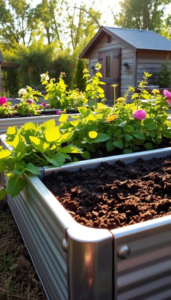 A lush, verdant raised garden bed, its galvanized metal frame gleaming in the warm, golden afternoon light. The soil, rich and dark, is carefully tilled, ready to nurture a bounty of fresh produce. Vibrant green leafy plants and colorful blooms cascade over the edges, creating a picturesque scene. In the background, a cozy wooden shed stands, providing a rustic contrast. The scene is captured from a slight angle, allowing the viewer to appreciate the thoughtful design and the promise of a bountiful harvest. A lush, verdant raised garden bed, its galvanized metal frame gleaming in the warm, golden afternoon light. The soil, rich and dark, is carefully tilled, ready to nurture a bounty of fresh produce. Vibrant green leafy plants and colorful blooms cascade over the edges, creating a picturesque scene. In the background, a cozy wooden shed stands, providing a rustic contrast. The scene is captured from a slight angle, allowing the viewer to appreciate the thoughtful design and the promise of a bountiful harvest.