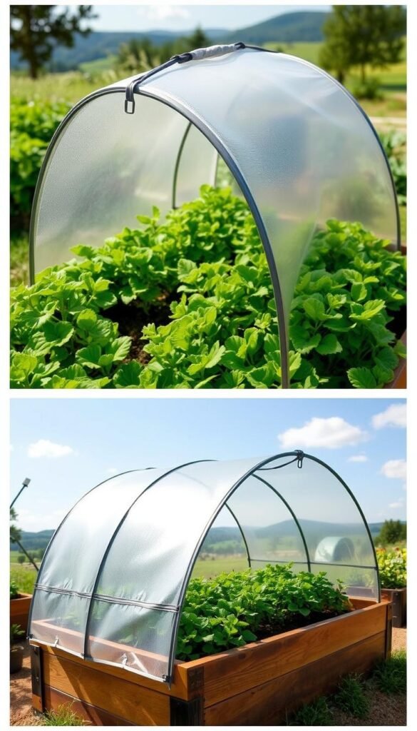 A lush, verdant raised garden bed, its vibrant plants protected by a custom-designed translucent cover. The cover is made of a durable, weather-resistant material, gently arching over the bed to shield the delicate foliage from harsh winds, heavy rain, and intense sunlight. Diffused natural light filters through the cover, creating a warm, nurturing environment for the thriving plants below. In the foreground, a close-up view showcases the intricate structure of the cover, its sleek lines and seamless integration with the garden setting. The background features a serene, idyllic landscape, emphasizing the importance of these protective garden covers in creating a harmonious, productive outdoor space.