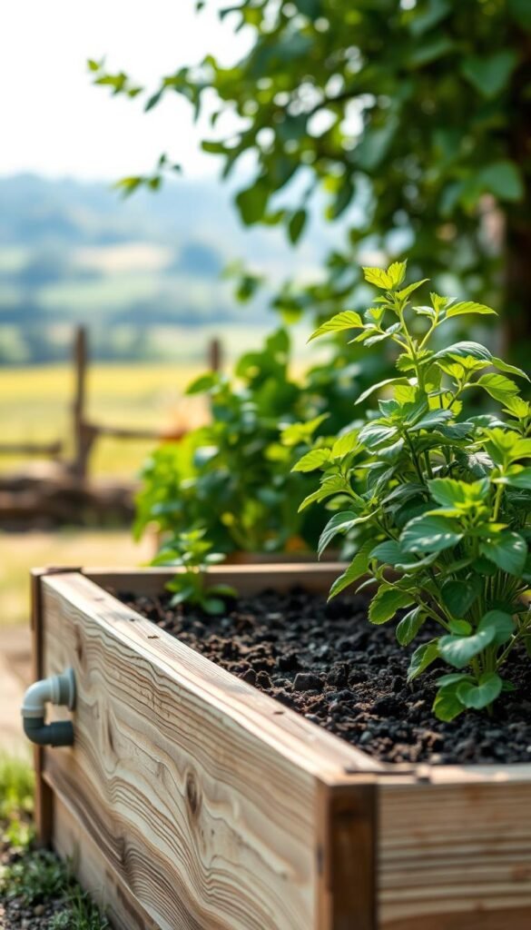 A lush, verdant raised garden bed sits under soft, diffused natural lighting. The bed's sides are crafted from weathered wood, with a self-watering system discretely integrated. Healthy plants flourish, their leaves gently swaying. The soil is rich and dark, retaining moisture evenly. In the background, a serene, blurred countryside landscape offers a peaceful backdrop. The overall scene conveys the effortless benefits of a self-watering raised bed - conserving water, minimizing maintenance, and allowing plants to thrive with minimal intervention.