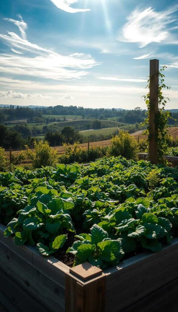 A lush, verdant raised garden bed takes center stage, its neatly arranged plants and rows showcasing the bounty of a well-designed layout. The bed is constructed with weathered wood planks, its corners adorned with sturdy posts that rise gracefully into the sky. Sunlight filters through wispy clouds, casting a warm, natural glow over the scene. In the background, a serene landscape unfolds, featuring rolling hills and a distant tree line that provides a tranquil backdrop. The overall composition emphasizes the harmony between the thoughtfully planned garden and its peaceful, idyllic setting, inspiring viewers to envision their own bountiful raised bed designs.