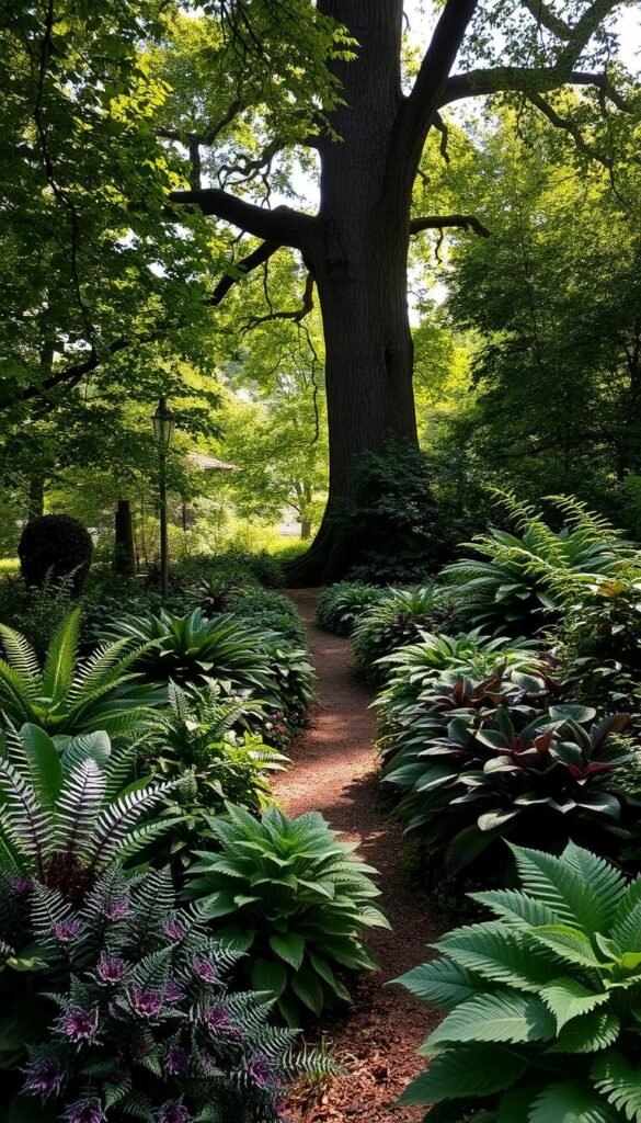A lush, verdant shade garden with dappled sunlight filtering through the canopy. In the foreground, a diverse array of ferns, hostas, and other shade-loving perennials thrive in the cool, moist microclimate. The middle ground features a small, meandering path leading deeper into the garden, flanked by vibrant foliage in shades of green, purple, and silver. In the background, a tall, ancient tree casts a gentle shadow over the scene, creating a serene and tranquil atmosphere. The lighting is soft and diffused, with a touch of warmth highlighting the textures and colors of the plants. The overall composition evokes a sense of natural harmony and the delicate balance of a thriving shade garden microclimate.