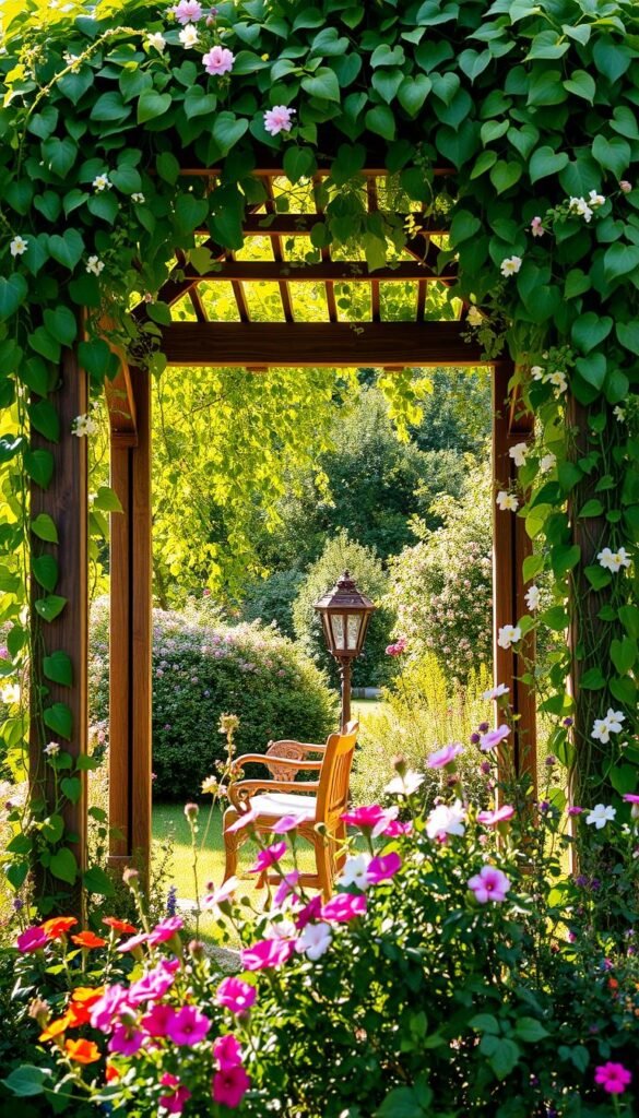 A lush, verdant trellis structure in a sun-dappled garden, adorned with a cascade of climbing vines and delicate blooms. The trellis, crafted from sturdy wooden beams, forms an elegant archway that beckons the viewer to explore the tranquil, private oasis beyond. Soft, ambient light filters through the foliage, casting gentle shadows and imbuing the scene with a serene, natural atmosphere. In the foreground, a mix of vibrant, fragrant flowers spill over the trellis, creating a visually striking and inviting composition. The overall scene evokes a sense of sanctuary, where nature and architecture harmoniously coexist to offer a secluded, restorative retreat.