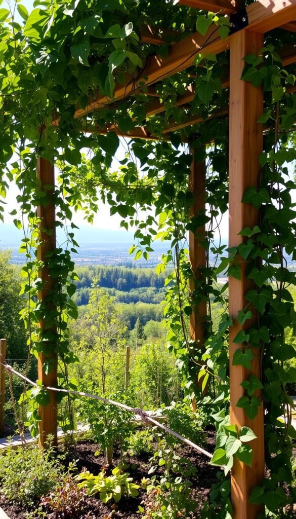 A lush, verdant trellis supports a thriving array of climbing plants, their vines and foliage intertwined in a harmonious dance. The structure stands tall, its wooden beams casting warm, soft shadows across the garden bed below. Dappled sunlight filters through the leaves, creating a serene, natural atmosphere. In the background, a picturesque landscape unfolds, hinting at the garden's larger context. The overall scene exudes a sense of tranquility and organic beauty, perfectly encapsulating the graceful integration of trellis and climbing plants. A lush, verdant trellis supports a thriving array of climbing plants, their vines and foliage intertwined in a harmonious dance. The structure stands tall, its wooden beams casting warm, soft shadows across the garden bed below. Dappled sunlight filters through the leaves, creating a serene, natural atmosphere. In the background, a picturesque landscape unfolds, hinting at the garden's larger context. The overall scene exudes a sense of tranquility and organic beauty, perfectly encapsulating the graceful integration of trellis and climbing plants.