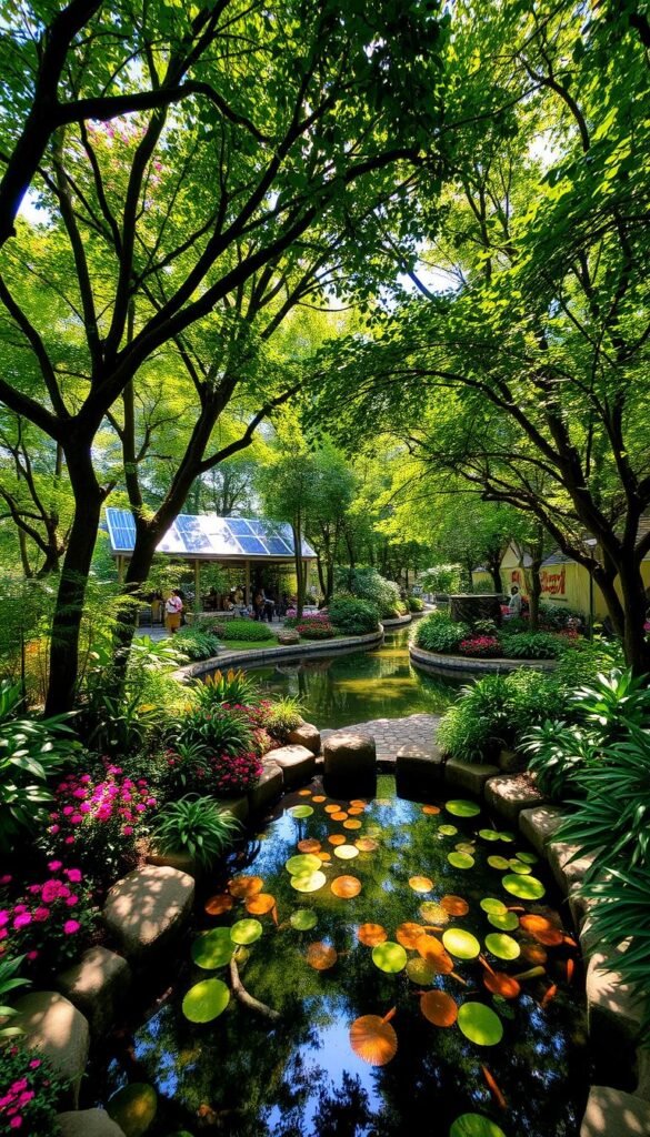 A lush, verdant urban garden oasis with towering trees, vibrant flower beds, and a tranquil pond teeming with aquatic life. Sunlight filters through the leafy canopy, casting dappled shadows across the well-maintained pathways. Sustainable features like solar panels, rainwater harvesting systems, and composting areas are seamlessly integrated, showcasing the harmonious blend of nature and renewable energy. Diverse flora and fauna thrive, demonstrating the ecological benefits of green spaces within the city. The scene exudes a sense of harmony, inviting visitors to immerse themselves in the restorative power of an eco-friendly urban garden. A lush, verdant urban garden oasis with towering trees, vibrant flower beds, and a tranquil pond teeming with aquatic life. Sunlight filters through the leafy canopy, casting dappled shadows across the well-maintained pathways. Sustainable features like solar panels, rainwater harvesting systems, and composting areas are seamlessly integrated, showcasing the harmonious blend of nature and renewable energy. Diverse flora and fauna thrive, demonstrating the ecological benefits of green spaces within the city. The scene exudes a sense of harmony, inviting visitors to immerse themselves in the restorative power of an eco-friendly urban garden.