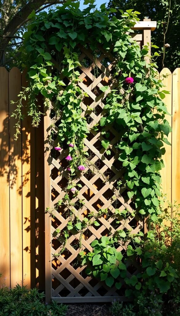 A lush, verdant vertical garden trellis standing tall in a well-lit, sun-dappled setting. The intricate lattice framework supports a vibrant tapestry of cascading vines, trailing flowers, and leafy greens. Delicate shadows dance across the weathered wood, creating a captivating interplay of light and shadow. The trellis is positioned against a backdrop of a warm, rustic fence, blending seamlessly with the natural surroundings. The overall composition exudes a sense of tranquility and harmony, inviting the viewer to imagine the bountiful harvest that could be cultivated in this cleverly designed vertical gardening space. A lush, verdant vertical garden trellis standing tall in a well-lit, sun-dappled setting. The intricate lattice framework supports a vibrant tapestry of cascading vines, trailing flowers, and leafy greens. Delicate shadows dance across the weathered wood, creating a captivating interplay of light and shadow. The trellis is positioned against a backdrop of a warm, rustic fence, blending seamlessly with the natural surroundings. The overall composition exudes a sense of tranquility and harmony, inviting the viewer to imagine the bountiful harvest that could be cultivated in this cleverly designed vertical gardening space.