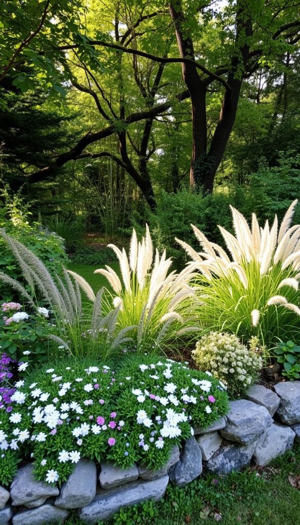A lush, verdant woodland edge serving as the backdrop for a charming cottage garden border. In the foreground, a tapestry of flowering perennials and ornamental grasses in soft pastel hues, gently cascading over a weathered stone edging. The middle ground features a mix of deciduous and evergreen shrubs, their branches intertwining to create a seamless transition from the cultivated space to the wild, natural landscape beyond. Dappled sunlight filters through the canopy above, casting a warm, golden glow and creating deep, inviting shadows. The overall scene evokes a sense of tranquility, where the boundaries between the designed and the wild blur, offering a harmonious and inviting visual experience.