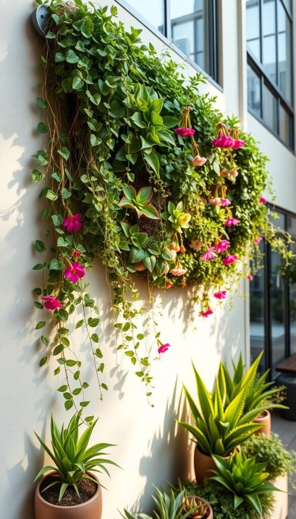 A lush, vertical garden selection adorns a modern urban wall, bathed in warm, natural lighting. Cascading vines, trailing ivy, and vibrant flowering plants create a verdant oasis, enhancing the sense of tranquility. Carefully curated succulents, ferns, and leafy greens in varying shades of green and pops of color form a visually striking arrangement, maximizing the use of limited horizontal space. The composition showcases a harmonious blend of textures and shapes, inviting the viewer to imagine the calming presence of this living, breathing wall within a multi-functional garden design.