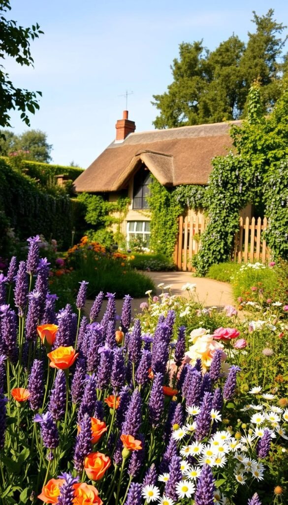 A lush, vibrant English cottage garden in warm afternoon light. In the foreground, a flourishing border overflows with colorful perennials - billowing lavender, fragrant roses, and cheerful daisies. In the middle ground, a quaint thatched-roof cottage nestled among fruit trees and climbing vines. The background features a charming picket fence draped in clematis, with a glimpse of a country lane beyond. The scene radiates a cozy, inviting atmosphere, embodying the quintessential cottage garden aesthetic. A lush, vibrant English cottage garden in warm afternoon light. In the foreground, a flourishing border overflows with colorful perennials - billowing lavender, fragrant roses, and cheerful daisies. In the middle ground, a quaint thatched-roof cottage nestled among fruit trees and climbing vines. The background features a charming picket fence draped in clematis, with a glimpse of a country lane beyond. The scene radiates a cozy, inviting atmosphere, embodying the quintessential cottage garden aesthetic.