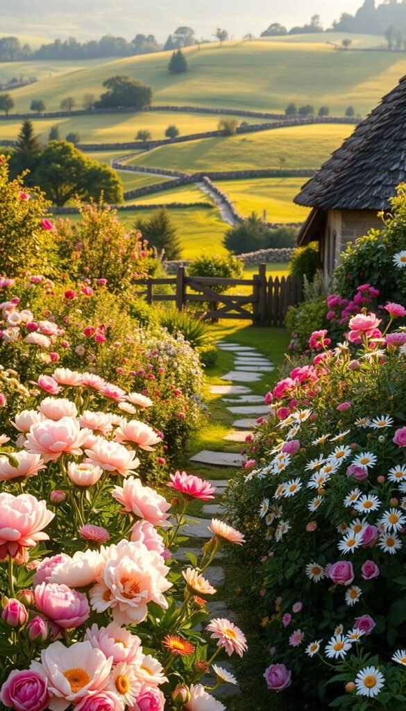 A lush, vibrant cottage garden in soft, golden afternoon light. In the foreground, a profusion of colorful blooms - delicate peonies, fragrant roses, and cheerful daisies. Nestled among the flowers, a charming stone path winds through the scene. In the middle ground, a rustic wooden fence and a small, quaint cottage with a thatched roof. The background features a rolling, verdant landscape dotted with trees and a hint of a distant stone wall. The overall atmosphere is one of tranquility, natural beauty, and a timeless, romantic aesthetic. A lush, vibrant cottage garden in soft, golden afternoon light. In the foreground, a profusion of colorful blooms - delicate peonies, fragrant roses, and cheerful daisies. Nestled among the flowers, a charming stone path winds through the scene. In the middle ground, a rustic wooden fence and a small, quaint cottage with a thatched roof. The background features a rolling, verdant landscape dotted with trees and a hint of a distant stone wall. The overall atmosphere is one of tranquility, natural beauty, and a timeless, romantic aesthetic.