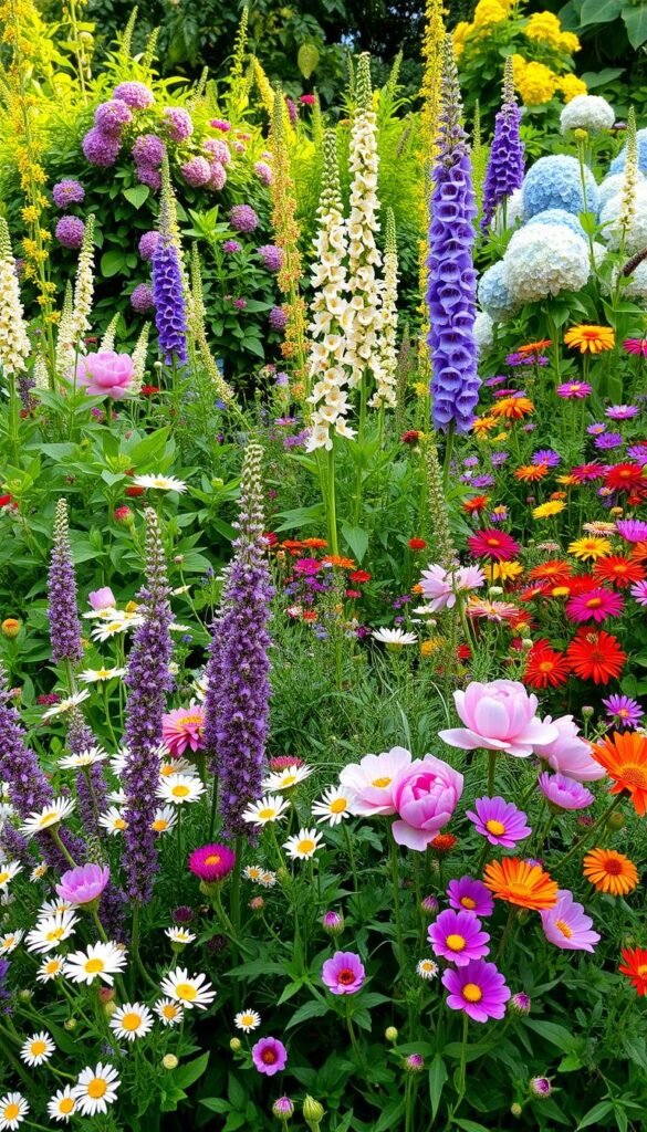 A lush, vibrant cottage garden overflowing with an array of blooming flowers and lush foliage. In the foreground, a cluster of colorful perennials including fragrant lavender, cheerful daisies, and velvety-petaled peonies. In the middle ground, tall spires of delphinium and foxglove rise up, their delicate blossoms swaying gently in a soft, warm breeze. The background features a mix of trailing vines, billowing hydrangea bushes, and a riot of colorful annuals like zinnias and cosmos. Soft, diffused natural light filters through the verdant scene, casting a warm, golden glow across the garden. The overall impression is one of abundant, effortless beauty and a thriving, pollinator-friendly ecosystem. A lush, vibrant cottage garden overflowing with an array of blooming flowers and lush foliage. In the foreground, a cluster of colorful perennials including fragrant lavender, cheerful daisies, and velvety-petaled peonies. In the middle ground, tall spires of delphinium and foxglove rise up, their delicate blossoms swaying gently in a soft, warm breeze. The background features a mix of trailing vines, billowing hydrangea bushes, and a riot of colorful annuals like zinnias and cosmos. Soft, diffused natural light filters through the verdant scene, casting a warm, golden glow across the garden. The overall impression is one of abundant, effortless beauty and a thriving, pollinator-friendly ecosystem.