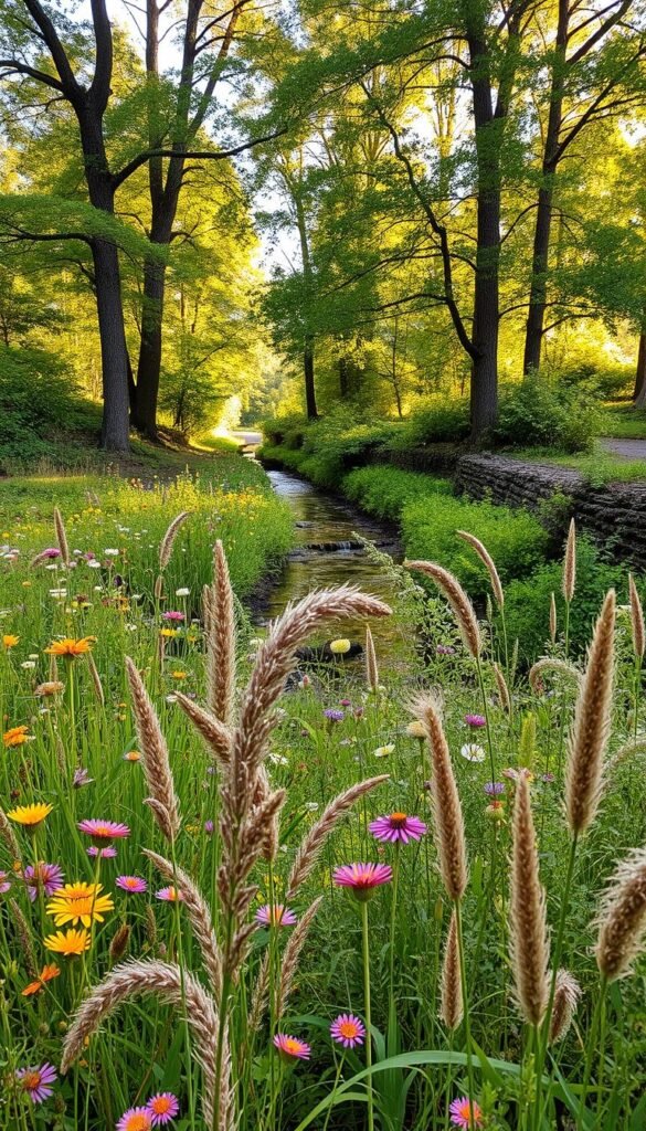 A lush, vibrant ecosystem of native plants thriving in natural harmony. In the foreground, a diverse array of flowering perennials and grasses sway gently in the breeze, their colors and textures creating a captivating tapestry. Towering deciduous trees form the middle ground, their verdant canopies filtering warm, dappled sunlight. In the background, a tranquil stream meanders through the landscape, its banks lined with indigenous shrubs and ferns. The scene evokes a sense of balance and interconnectedness, where each element plays a vital role in sustaining a thriving, self-sufficient ecosystem. Captured with a wide-angle lens, the image conveys a sense of depth and immersion, inviting the viewer to step into this serene, nature-centric oasis. A lush, vibrant ecosystem of native plants thriving in natural harmony. In the foreground, a diverse array of flowering perennials and grasses sway gently in the breeze, their colors and textures creating a captivating tapestry. Towering deciduous trees form the middle ground, their verdant canopies filtering warm, dappled sunlight. In the background, a tranquil stream meanders through the landscape, its banks lined with indigenous shrubs and ferns. The scene evokes a sense of balance and interconnectedness, where each element plays a vital role in sustaining a thriving, self-sufficient ecosystem. Captured with a wide-angle lens, the image conveys a sense of depth and immersion, inviting the viewer to step into this serene, nature-centric oasis.