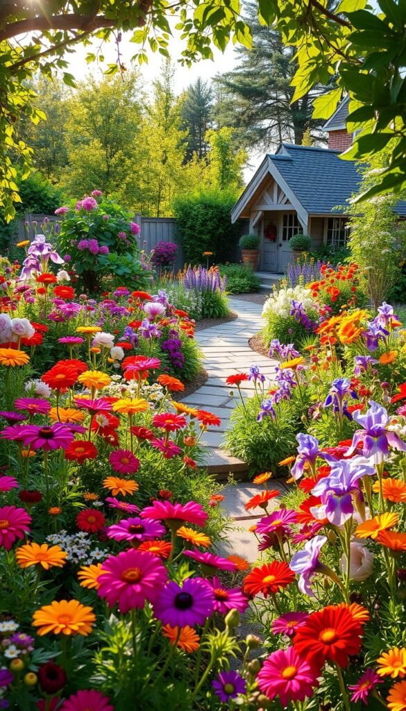 A lush, vibrant garden bursting with a continuous array of blooms. In the foreground, a kaleidoscope of annuals - zinnias, marigolds, and cosmos in a riot of colors. Intertwined with them, the stately presence of perennials - delphiniums, peonies, and irises, their flowers adding depth and longevity to the scene. Dappled sunlight filters through the canopy, casting a warm, golden glow and creating intriguing shadows. The middle ground features a winding stone path, inviting the viewer to explore this enchanting oasis. In the background, a picturesque garden shed and verdant foliage frame the composition, hinting at the garden's larger context. The overall atmosphere is one of abundance, harmony, and the beauty of nature's cyclical rhythms.